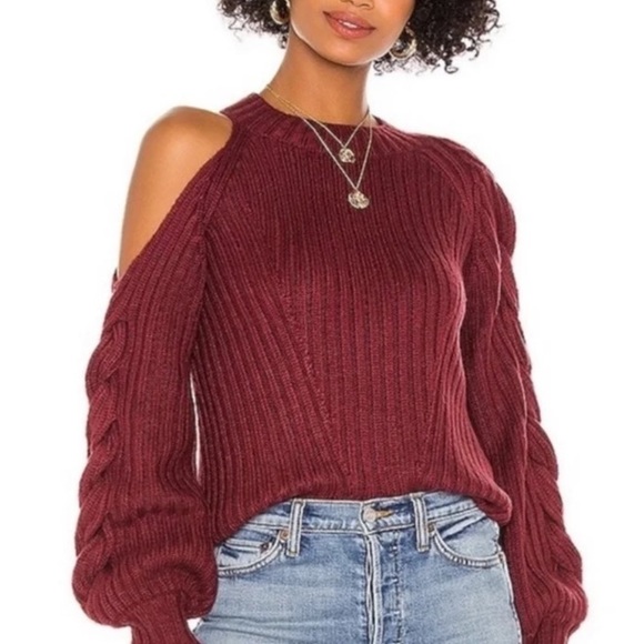 Revolve 525 America Braided Sleeve Cold Shoulder Sweater Beige Small - Picture 3 of 7